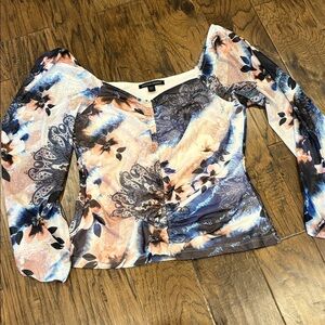 Boston Proper Floral Paisley Ruched Mesh Sweetheart Neck Top